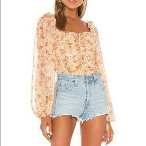 Free People Mable Yellow Orange Pink Floral Lace-Up Long Sleeve Blouse Womens XS